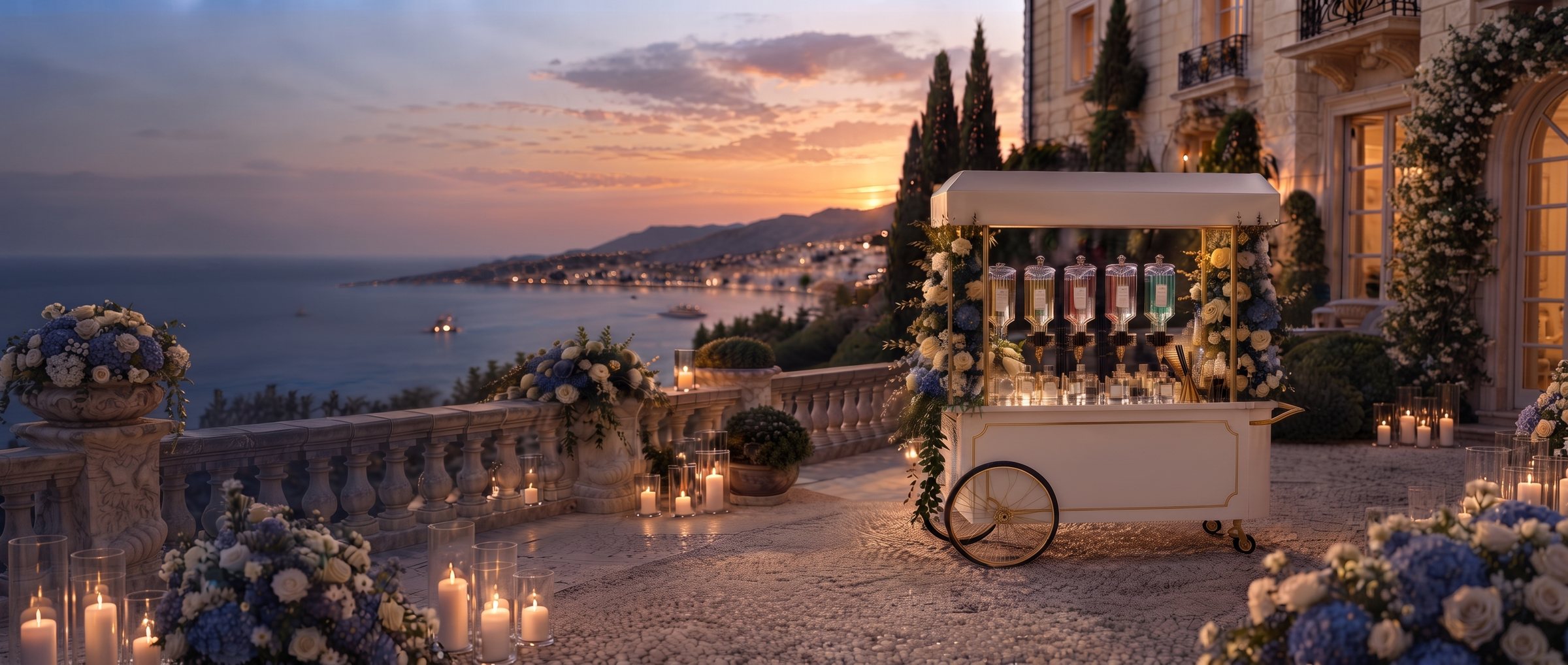 Le bar à parfums DFY sur une terrasse de la Riviera au coucher du soleil